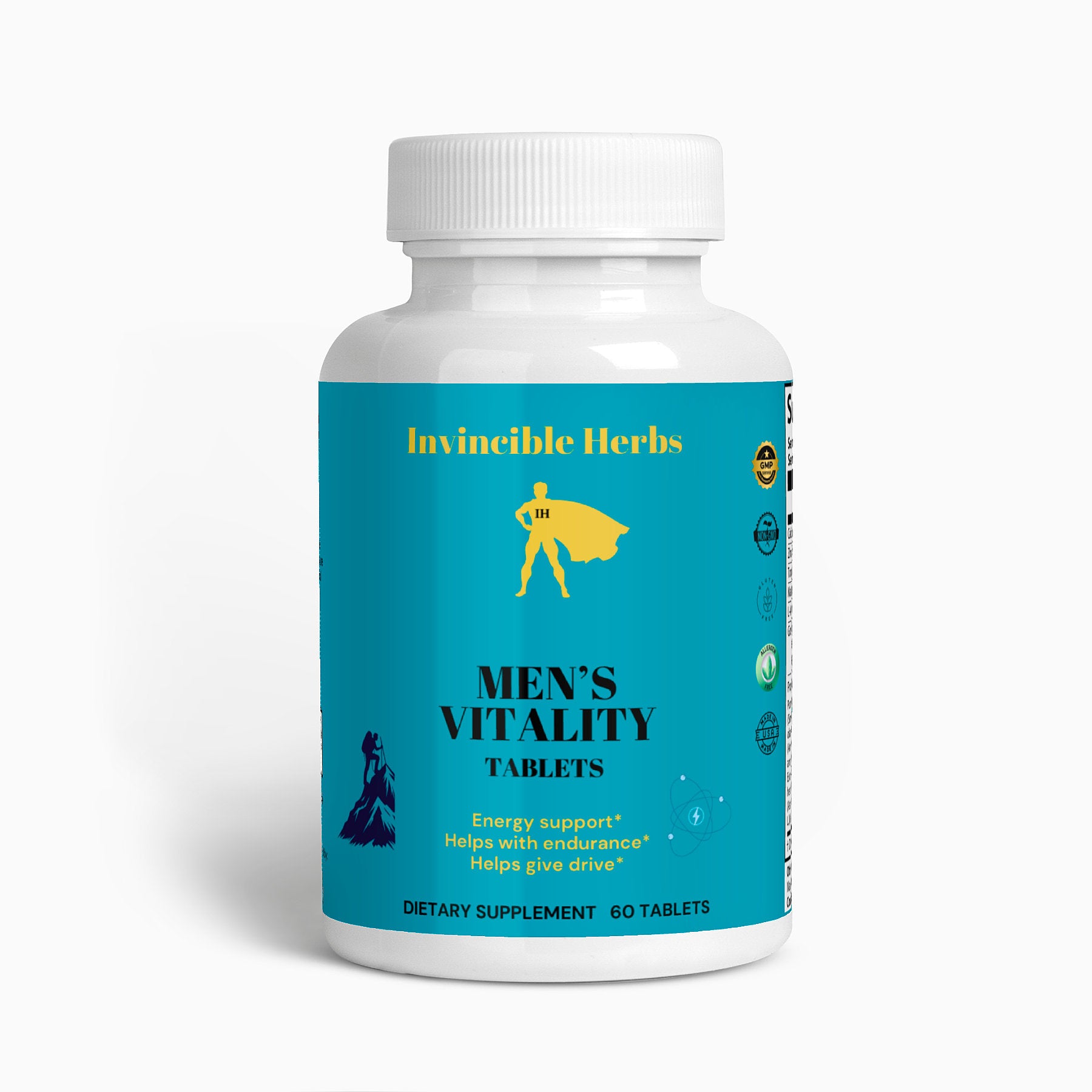 Men's Vitality Tablets bottle with blue label, featuring natural energy and stamina-boosting claims. Contains 60 tablets.