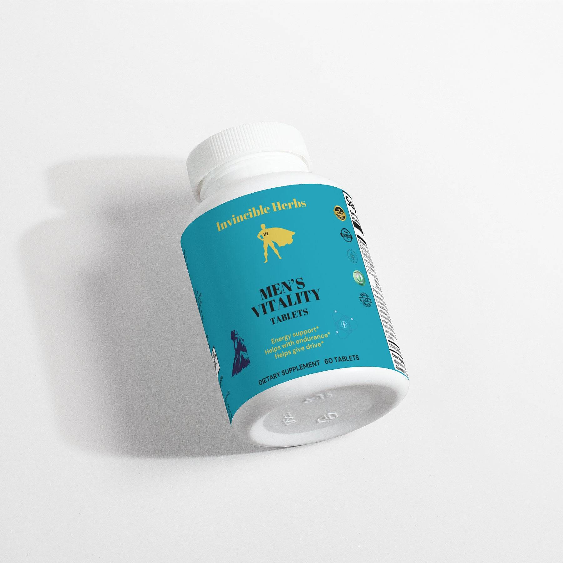 Men's Vitality Tablets bottle tilted on its side with blue label, emphasizing natural energy and endurance support.