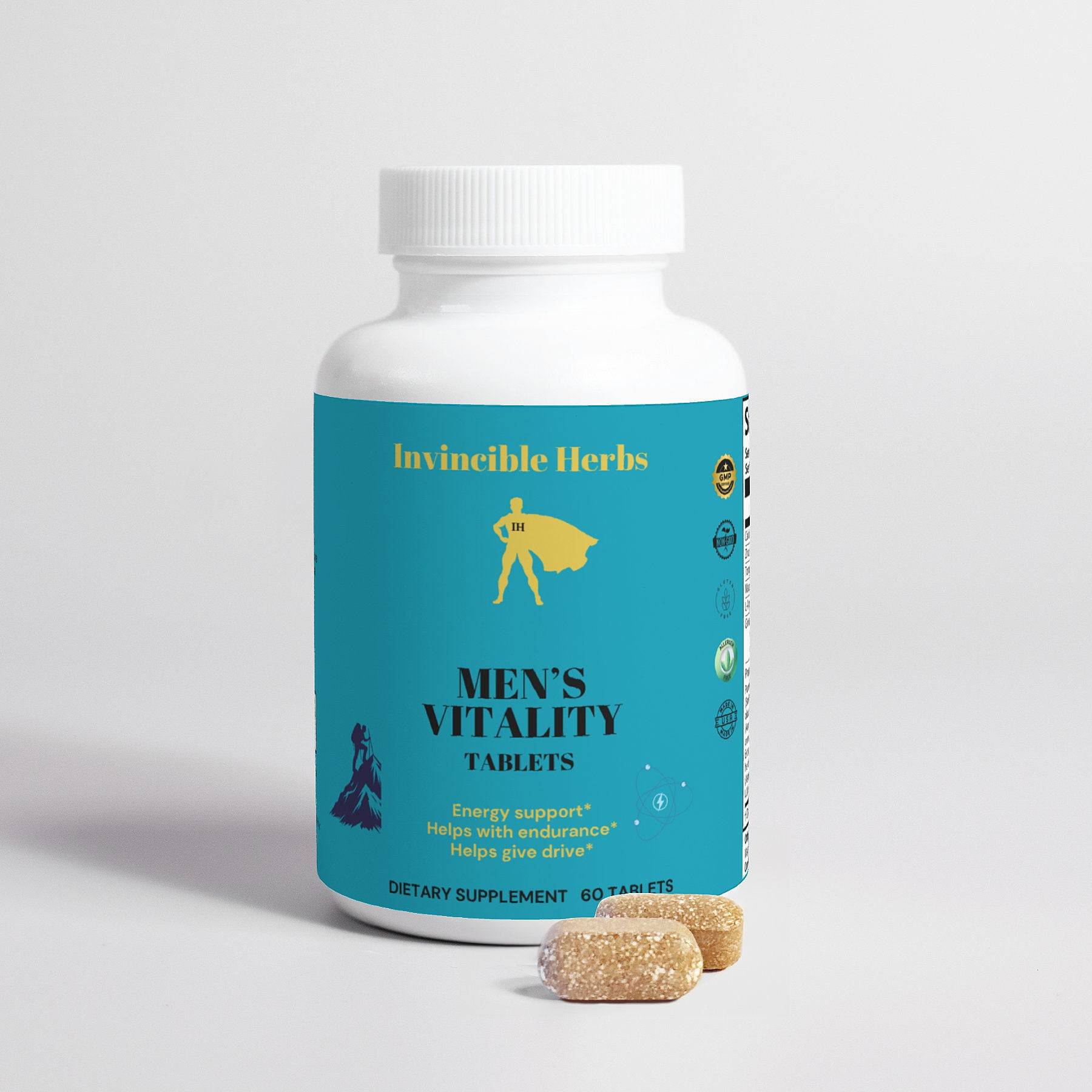 Men's Vitality Tablets bottle with blue label and two tablets in front, highlighting natural energy and stamina benefits.