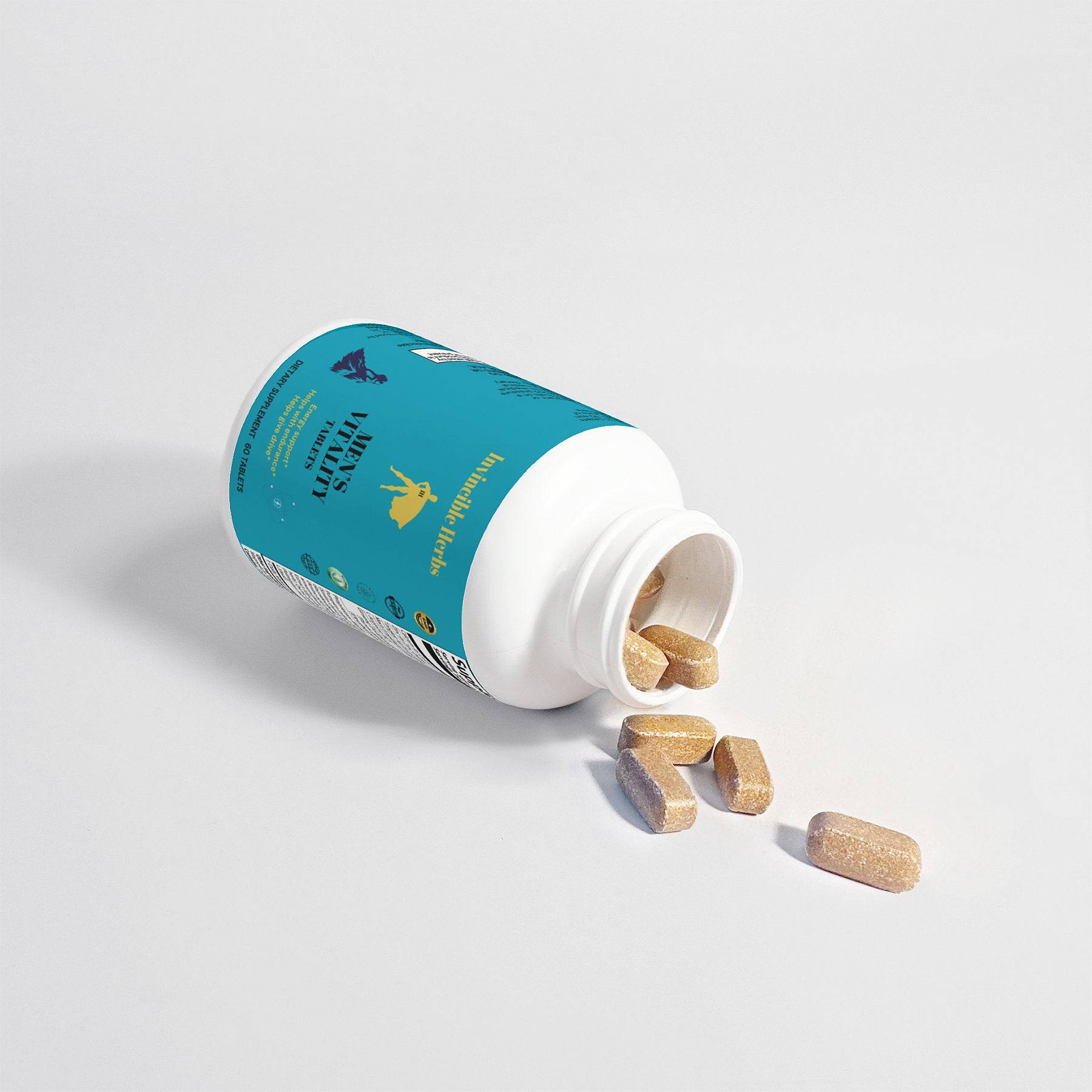 Open Men's Vitality Tablets bottle with tablets spilling out, showcasing natural extracts for energy and stamina support.