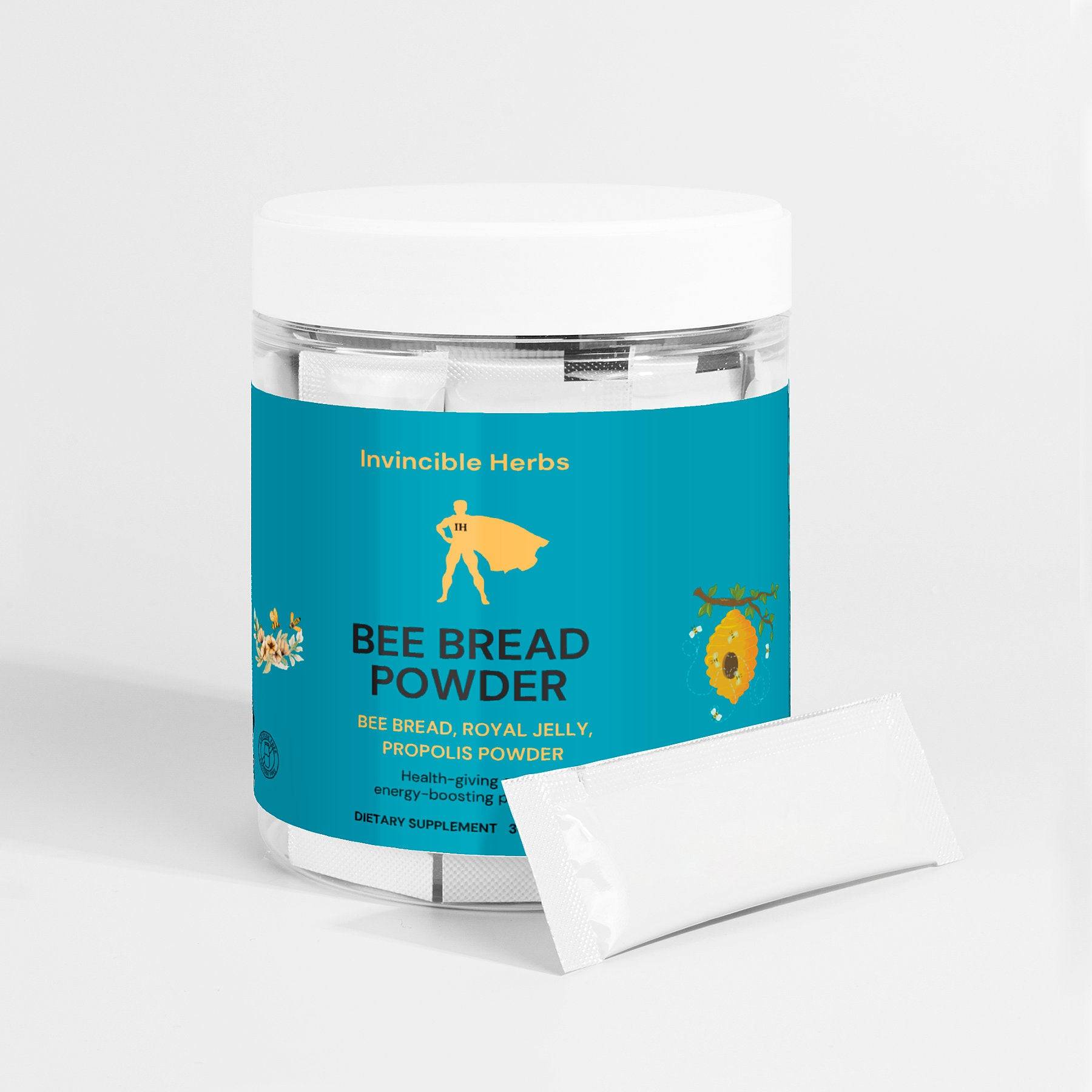 Bee Bread Powder jar with sachets displayed, highlighting its natural extracts of bee bread, royal jelly, and propolis for fitness and nutrition.