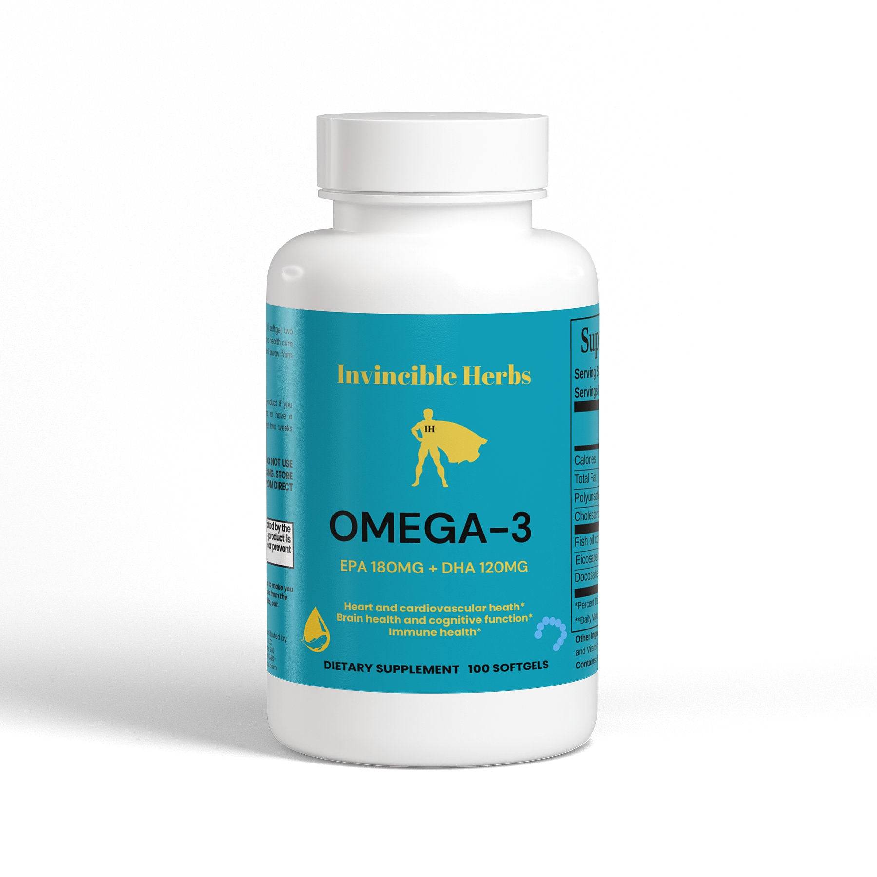 Omega-3 EPA + DHA supplement bottle with 100 softgels, featuring heart, brain, and immune health benefits. Blue and white label design.