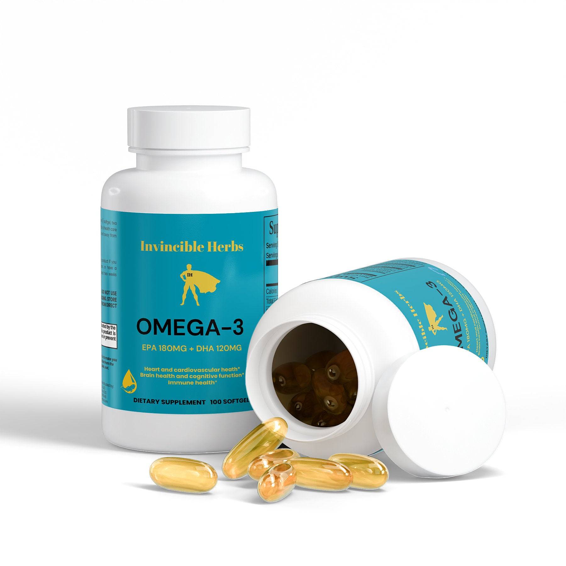 Omega-3 EPA + DHA supplement bottle with softgels spilled out, highlighting the product's convenience and heart and brain support benefits.