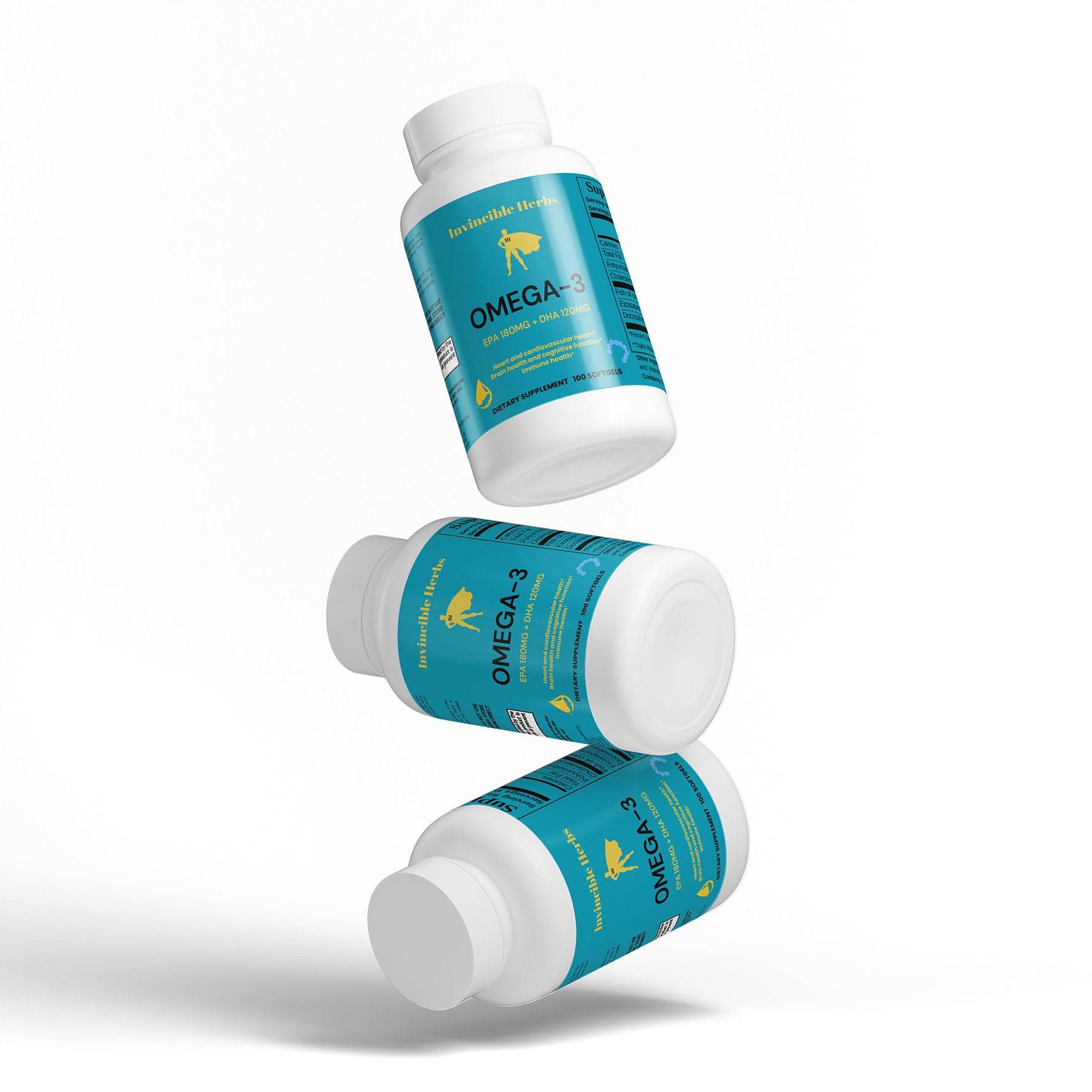 Three Omega-3 EPA + DHA supplement bottles creatively stacked, emphasizing the product's premium design and health benefits.