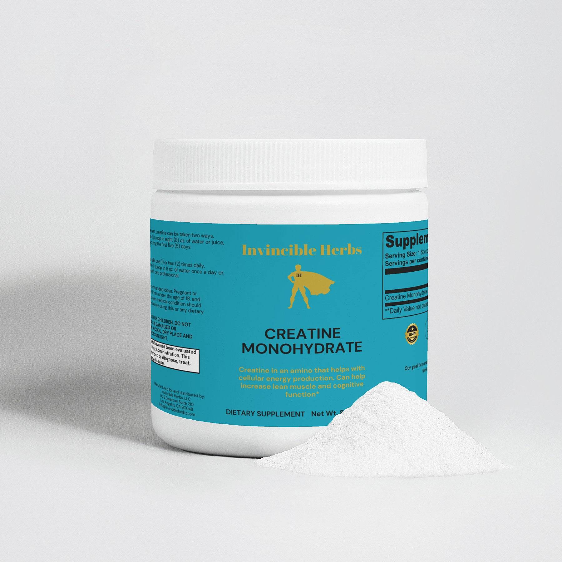 Invincible Herbs Creatine Monohydrate container with a small pile of white powder, emphasizing its pure supplement form.