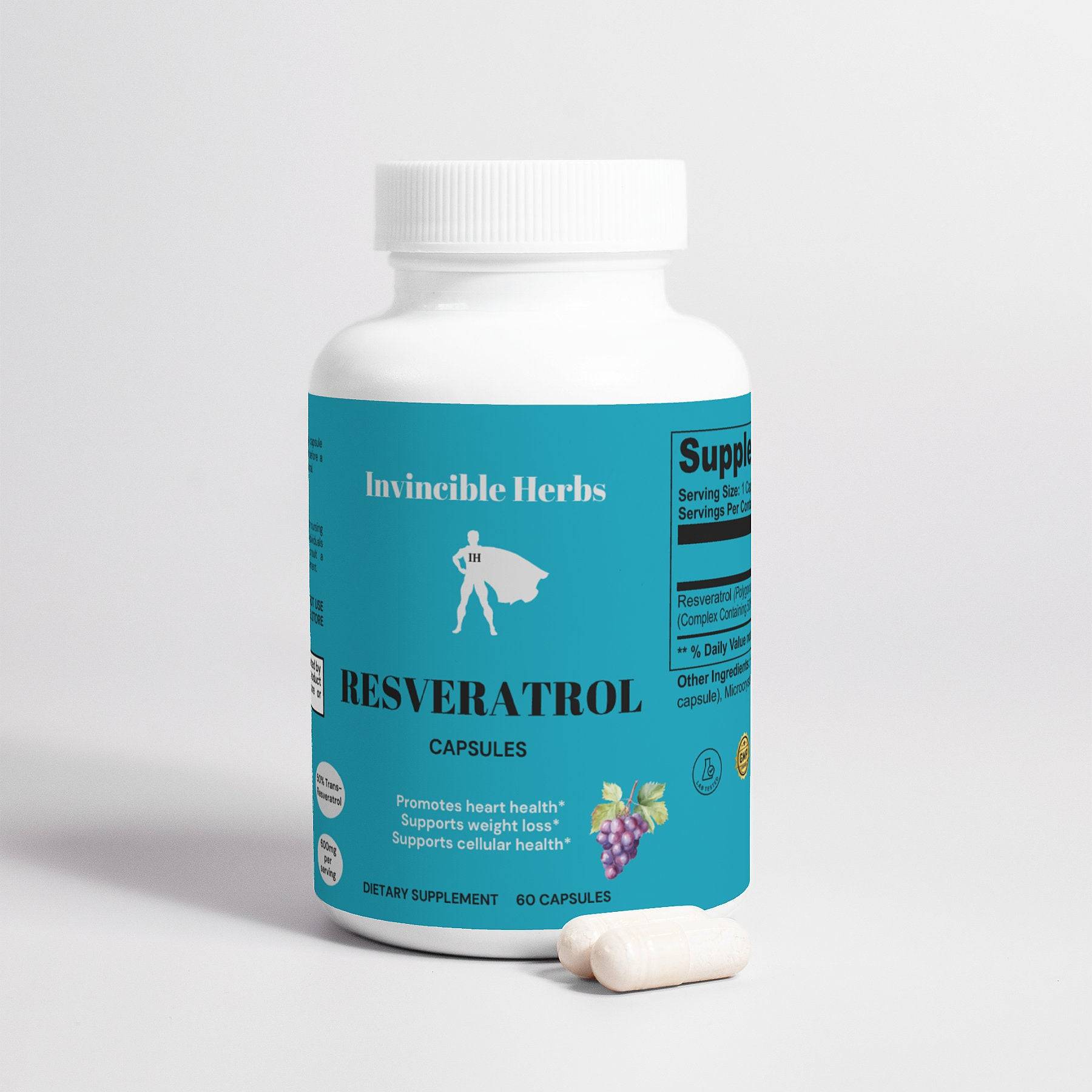 Resveratrol Capsules bottle by Invincible Herbs with two capsules displayed, highlighting heart health and weight management benefits.