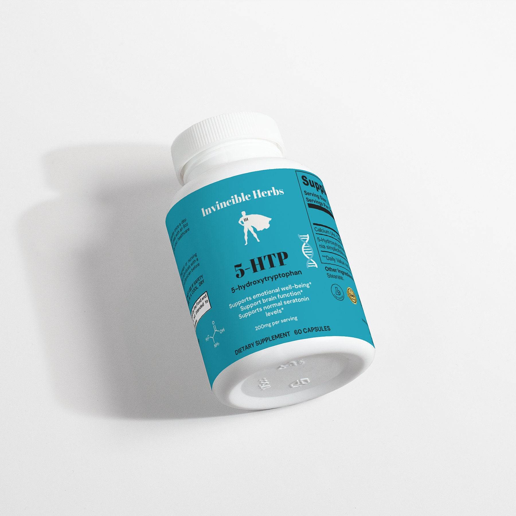 Tilted 5-HTP Capsules bottle by Invincible Herbs with blue label, highlighting serotonin support and emotional well-being benefits.