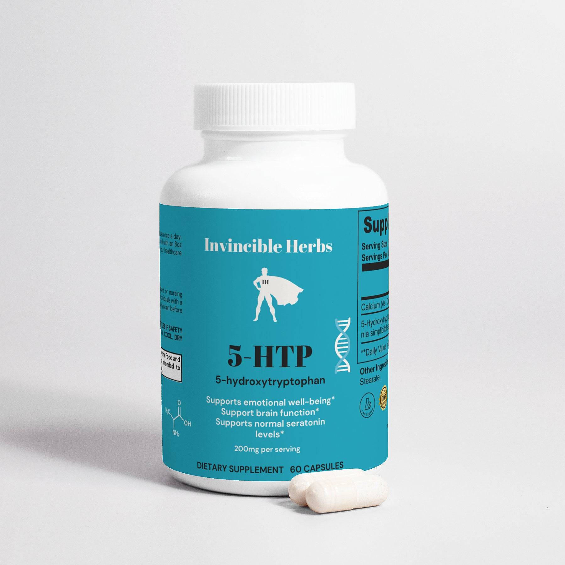 5-HTP Capsules bottle by Invincible Herbs with two capsules displayed, promoting serotonin support and brain function.