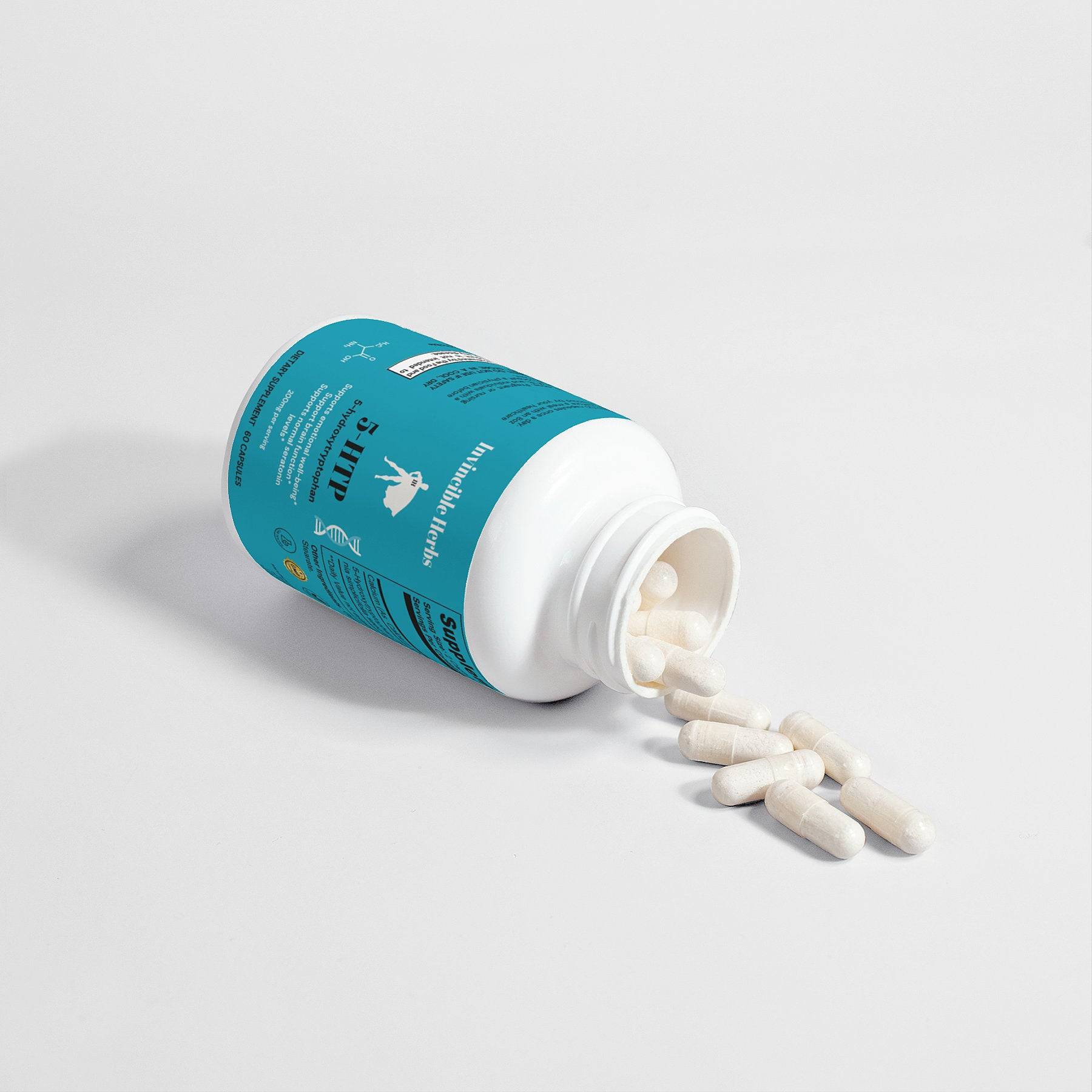 Open 5-HTP Capsules bottle by Invincible Herbs with capsules spilling out, designed to naturally boost serotonin levels.