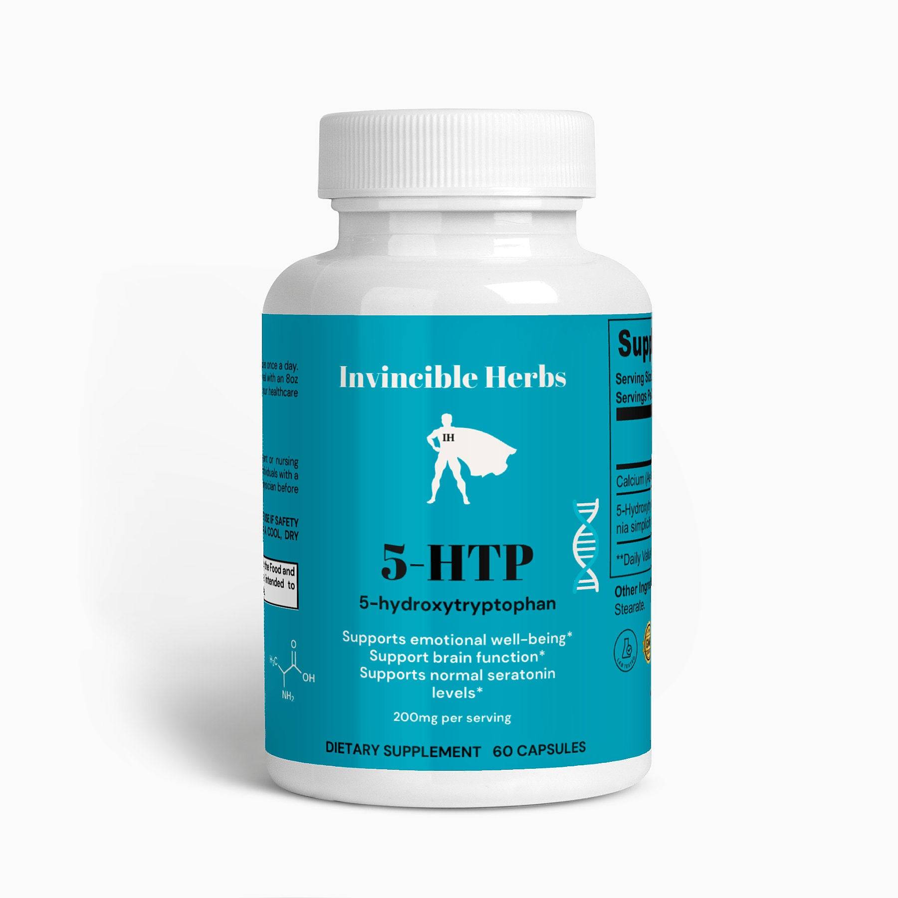 5-HTP Capsules bottle by Invincible Herbs with blue label, supporting serotonin levels and emotional well-being, 60 capsules.