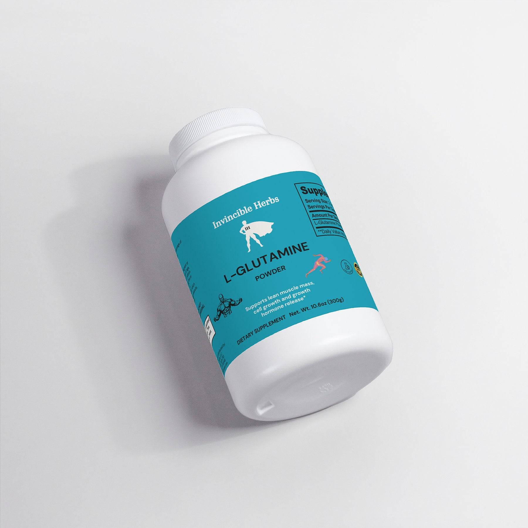 L-Glutamine powder supplement bottle by Invincible Herbs lying on its side, showcasing the blue label and product details.