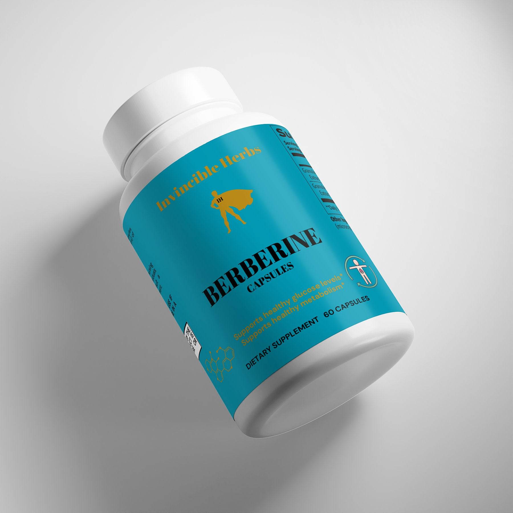 Berberine Capsules bottle tilted on its side, showcasing the blue label and key health benefits for blood sugar and heart health support.