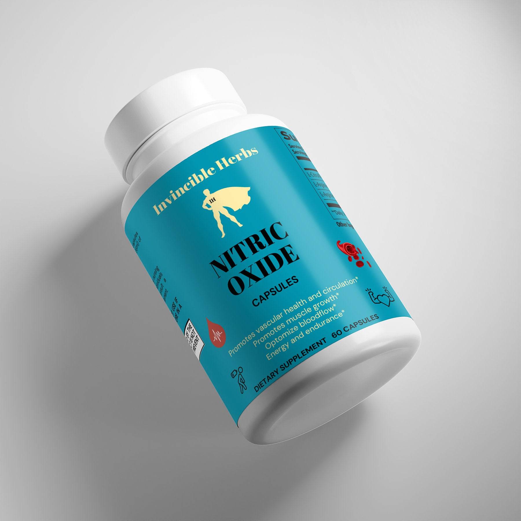 Nitric Oxide Capsules bottle tilted on its side, showcasing the blue label and benefits like improved blood flow and exercise performance.