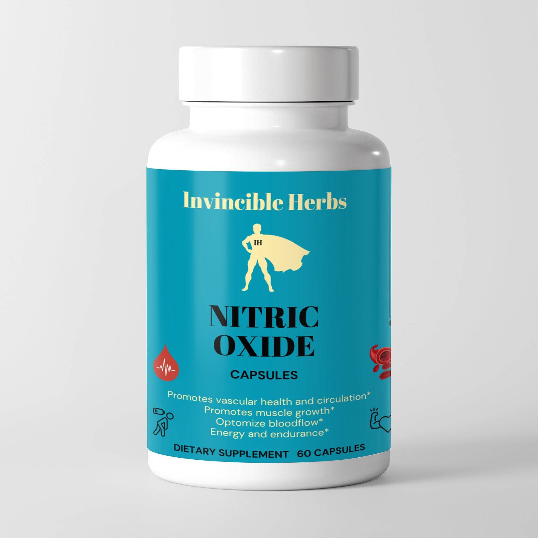 Front view of Nitric Oxide Capsules bottle with Invincible Herbs branding, highlighting vascular health and muscle growth support.