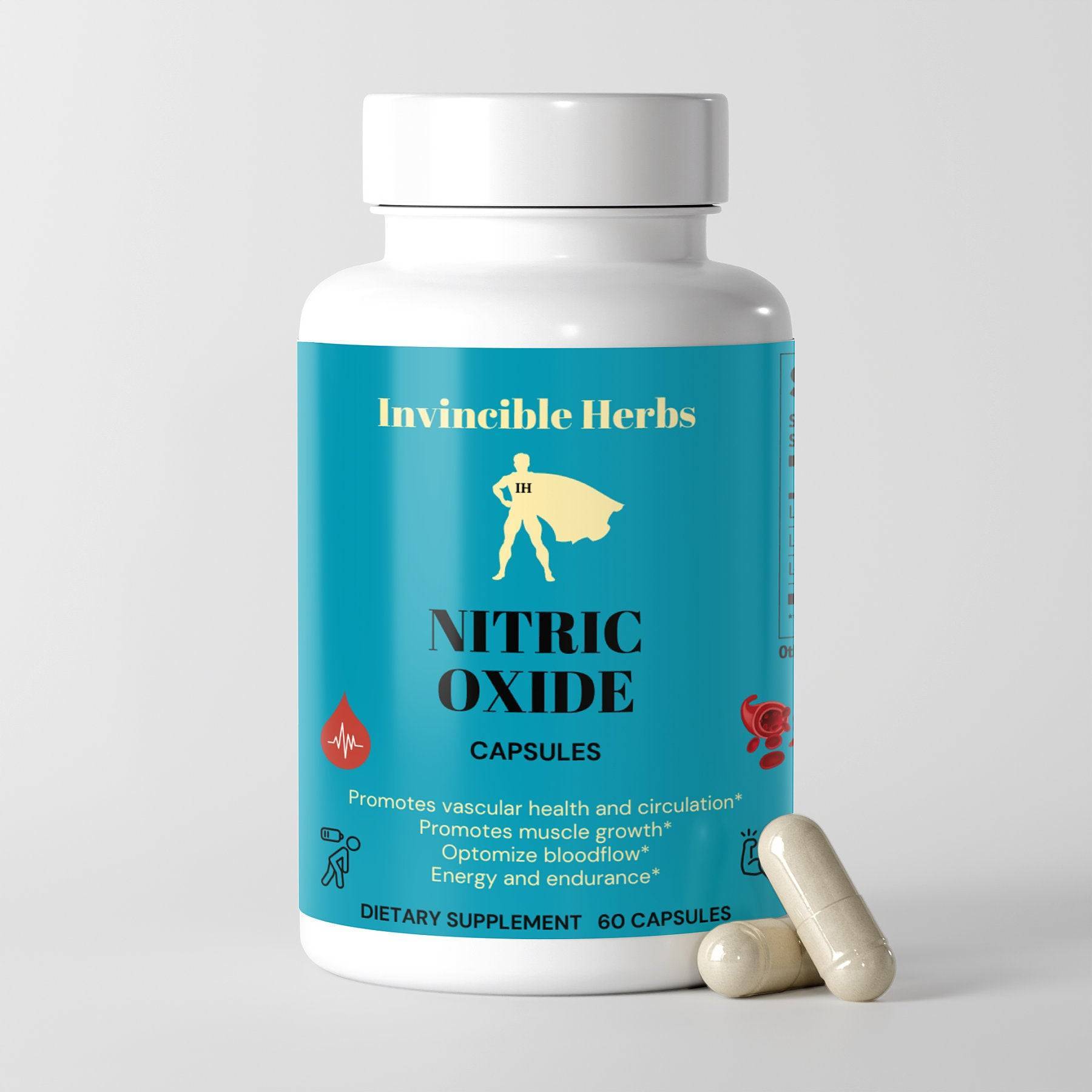 Nitric Oxide Capsules bottle with two capsules displayed, emphasizing benefits like optimized blood flow and energy enhancement.