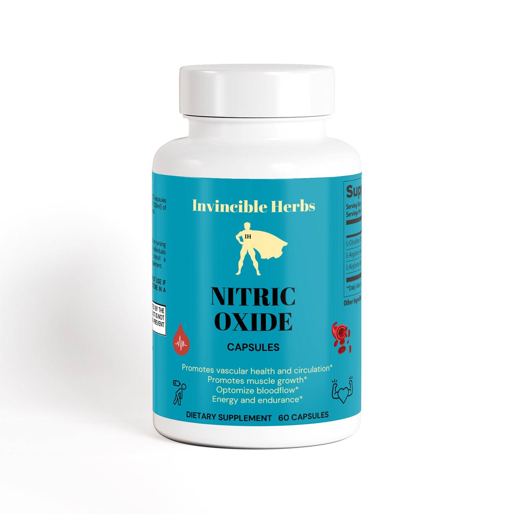 Nitric Oxide Capsules bottle with blue label, promoting circulation, muscle growth, and endurance. Contains 60 capsules for daily use.