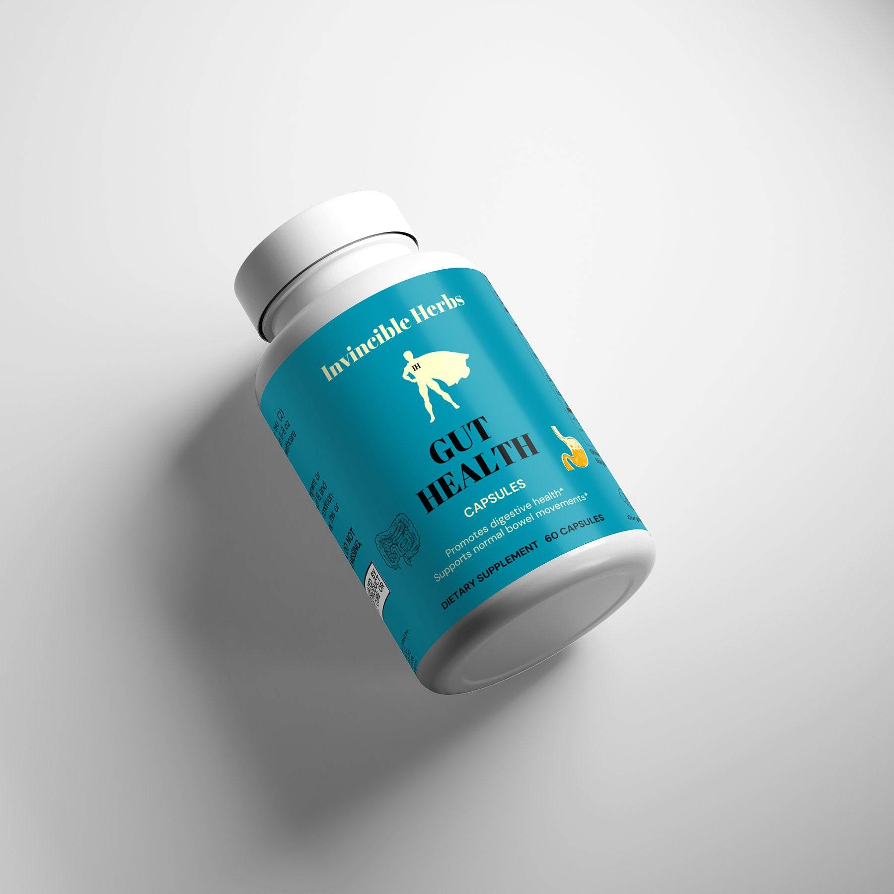 Angled view of Invincible Herbs gut health supplements bottle, showcasing its vibrant design and digestive health benefits.