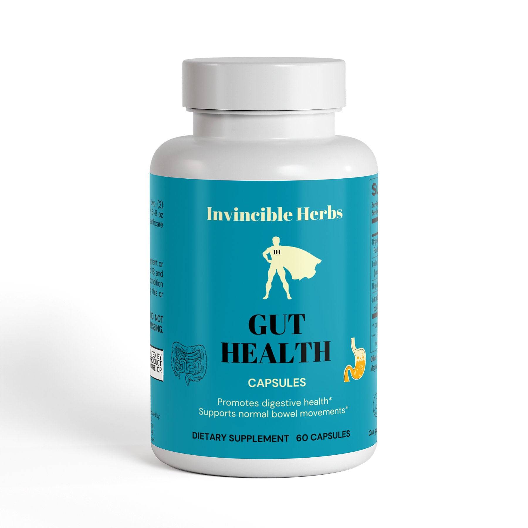 Gut health supplements bottle by Invincible Herbs with 60 capsules, promoting digestive health and normal bowel movements.