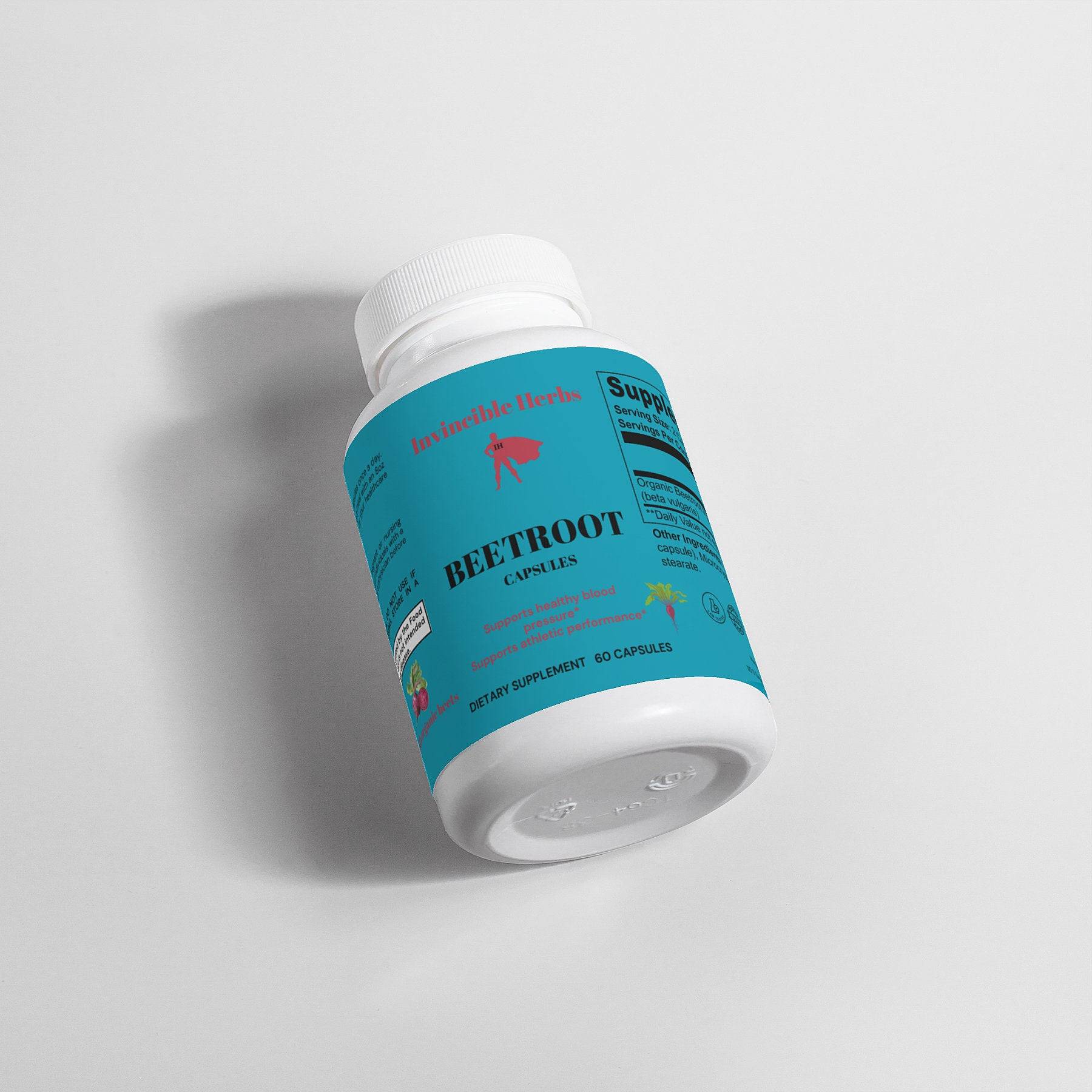 Beetroot Capsules bottle tilted on its side, featuring a blue label and highlighting its fitness and nutrition benefits.