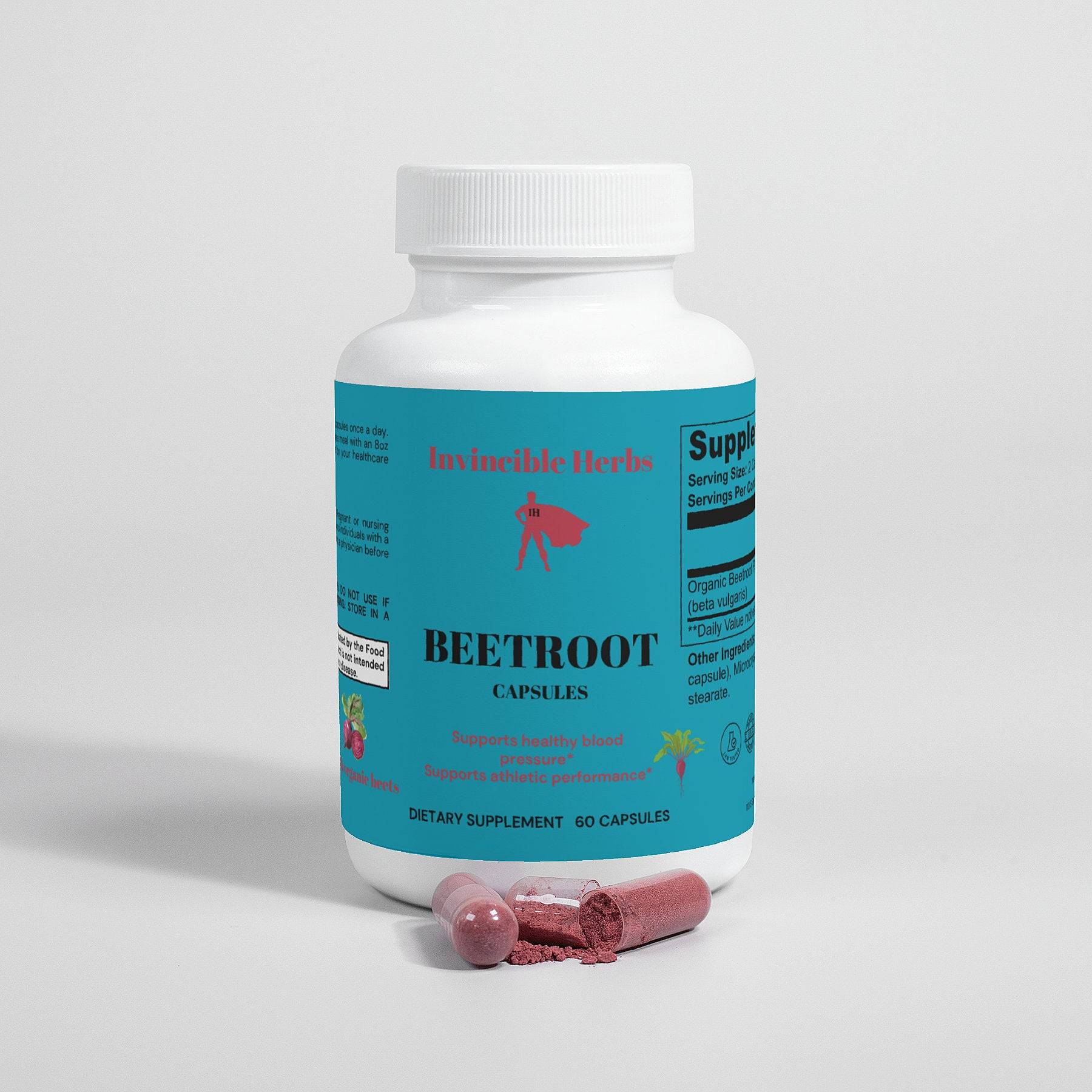 Beetroot Capsules bottle with blue label and opened capsules, showcasing the pink powder content for health and fitness benefits.