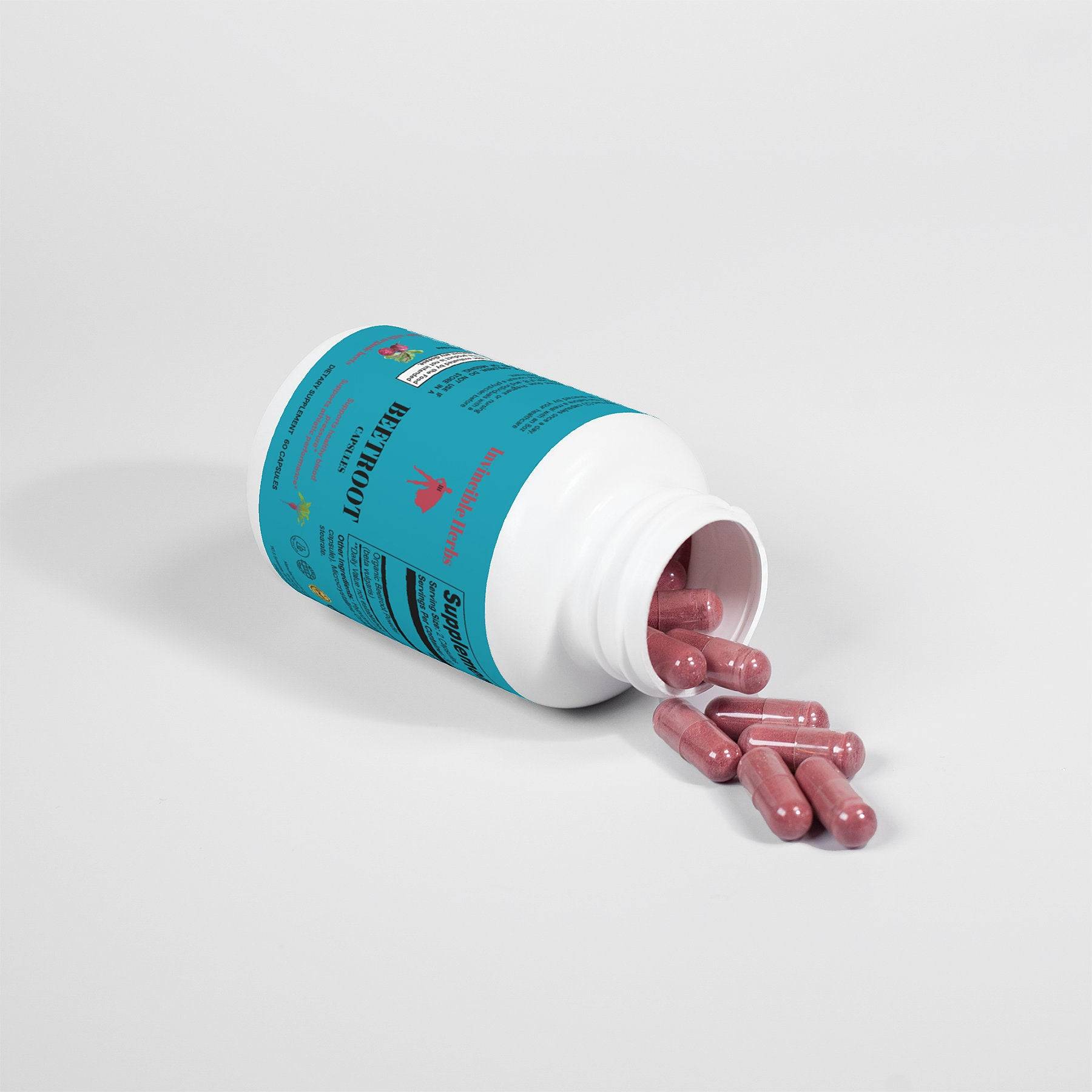 Beetroot Capsules bottle with capsules spilling out, emphasizing natural energy and athletic performance support.