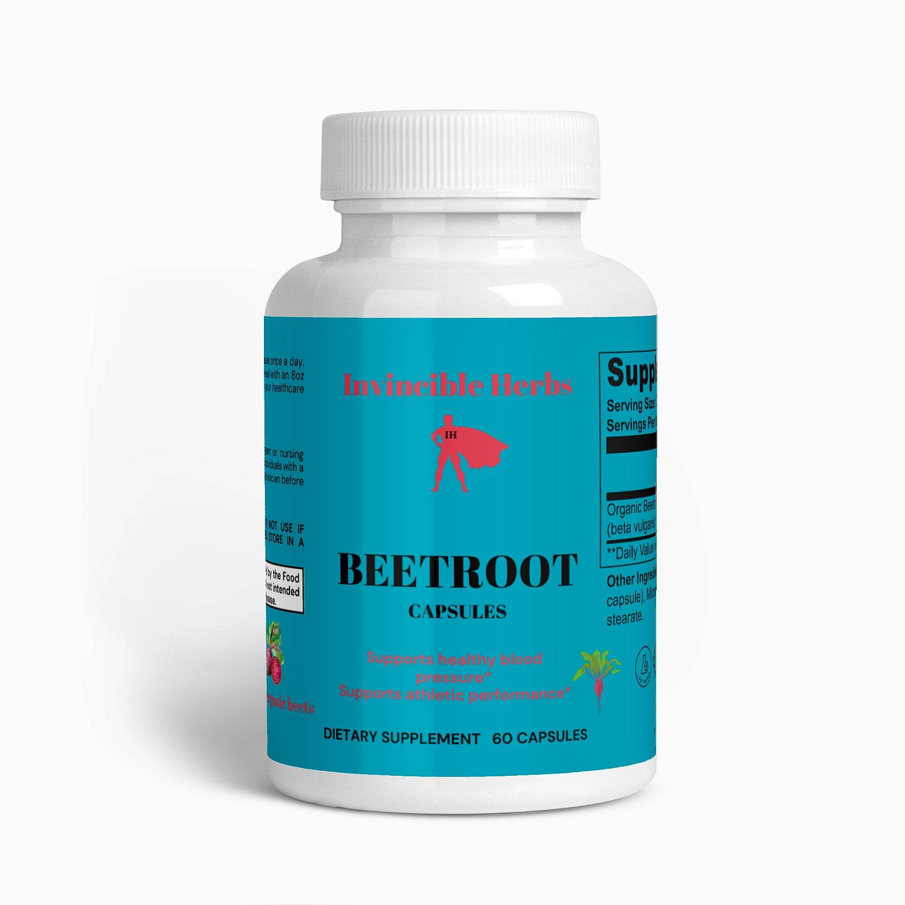 Beetroot Capsules bottle with blue label, promoting energy and endurance support, containing 60 dietary supplement capsules.