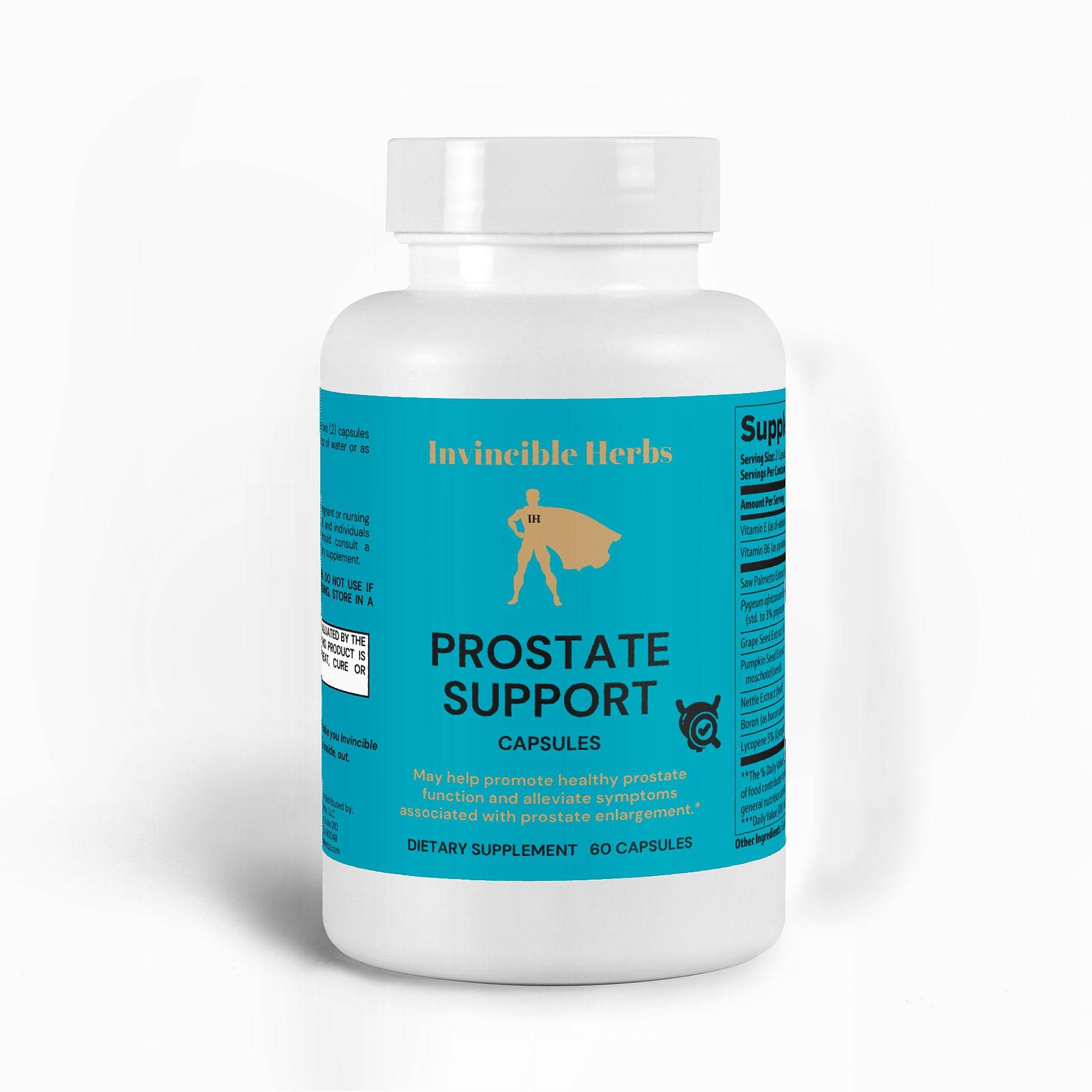 Prostate Support Supplements bottle with Invincible Herbs branding, designed to promote prostate wellness and urinary health.