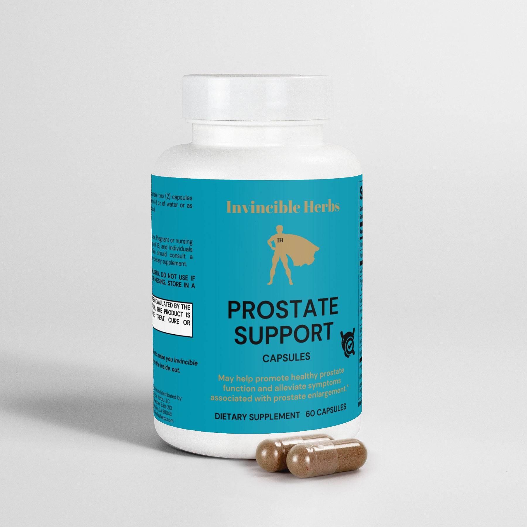 Prostate Support Supplements bottle with capsules displayed, highlighting natural ingredients for prostate health and wellness.