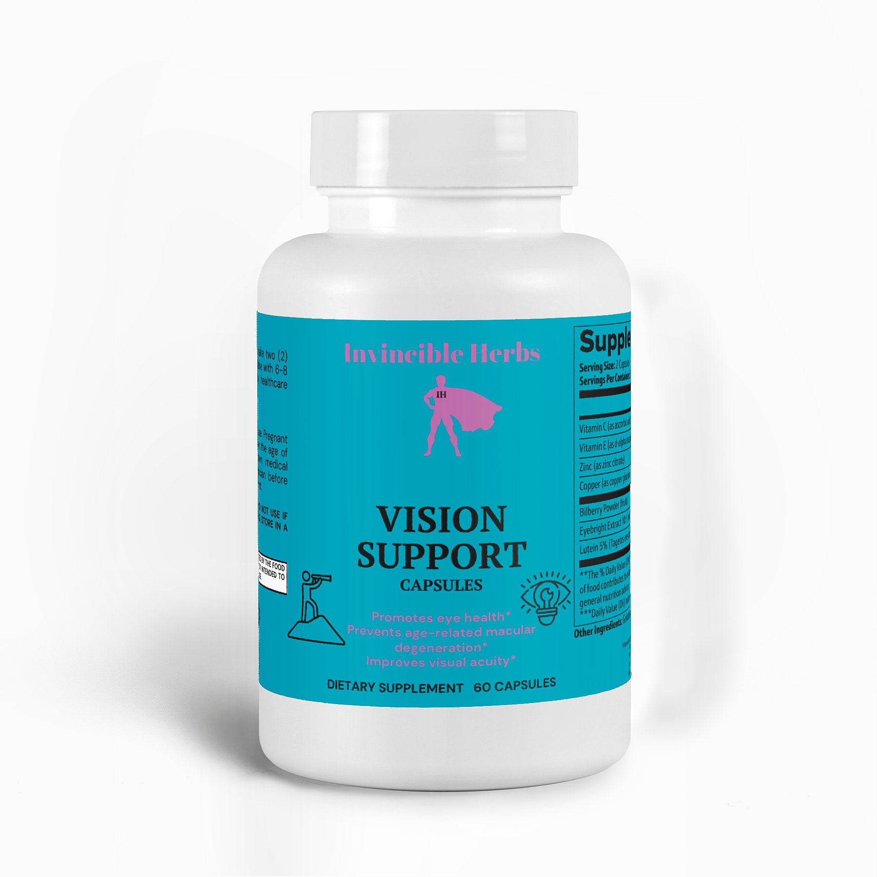 Invinci-Vision Vision Support Formula bottle with a teal label, promoting eye health and featuring 60 dietary supplement capsules.