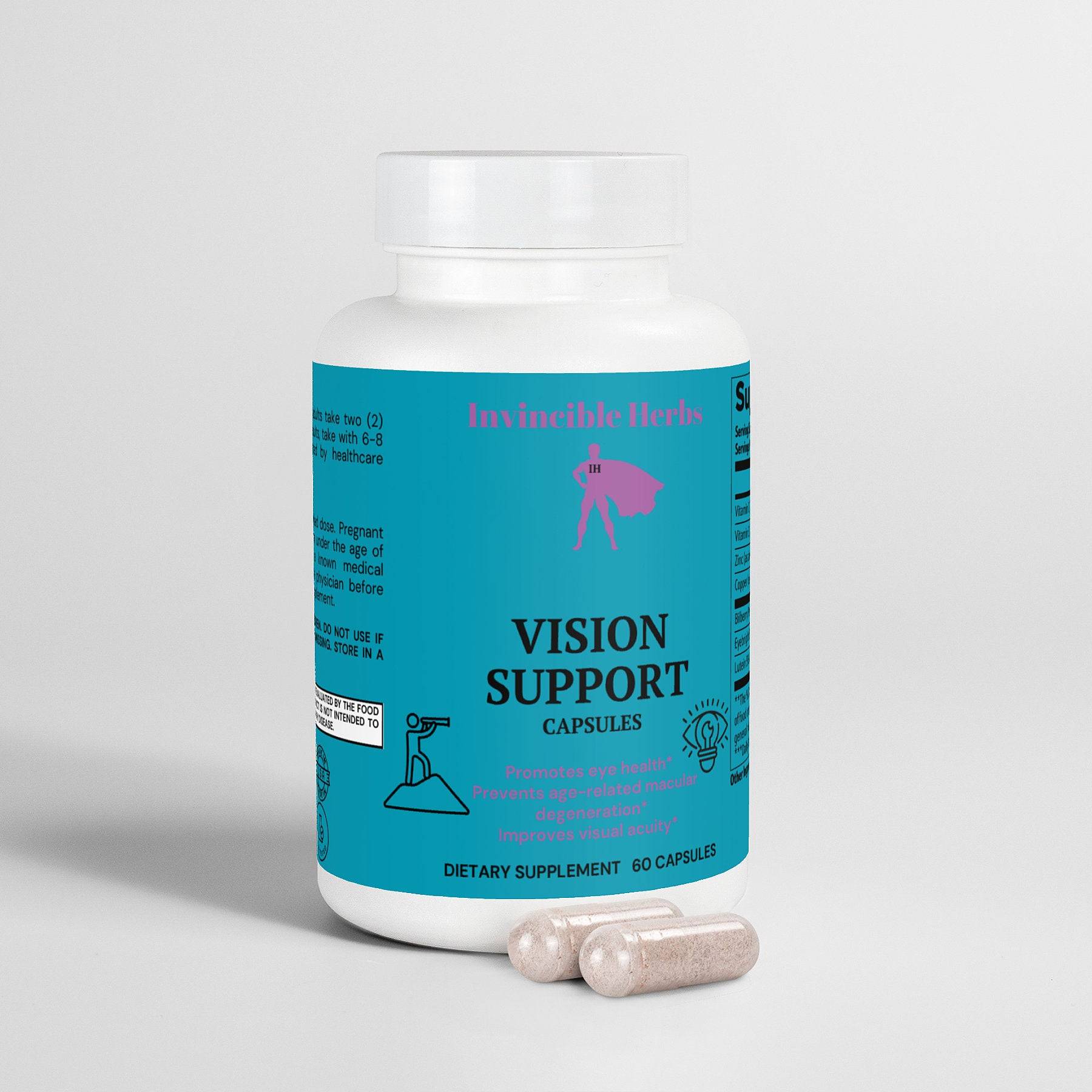 Invinci-Vision Vision Support Formula bottle with teal label and two capsules placed in front, emphasizing its dietary supplement form.