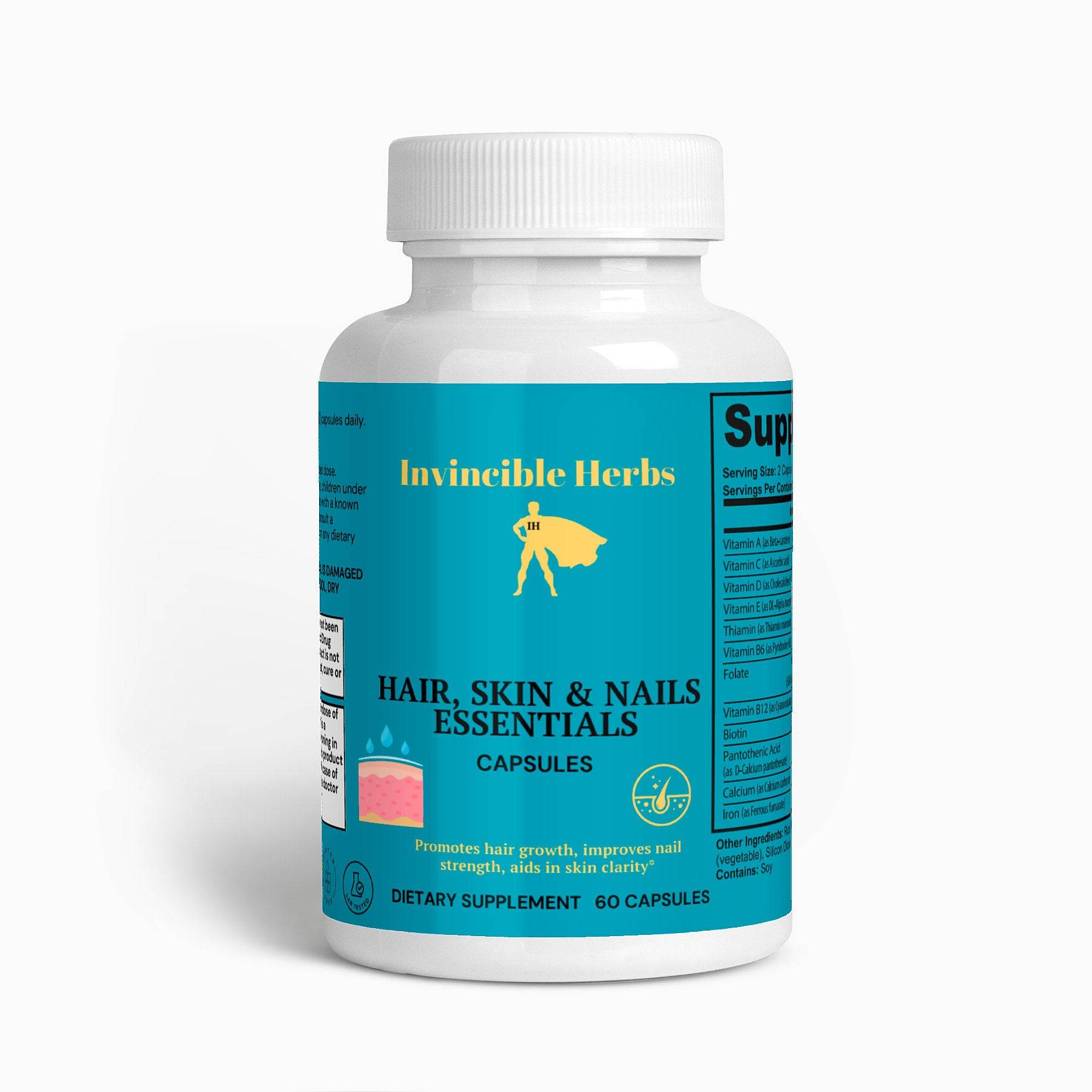 Hair, Skin, and Nails Essentials supplement bottle by Invincible Herbs, featuring 60 capsules for promoting hair growth, nail strength, and skin clarity.