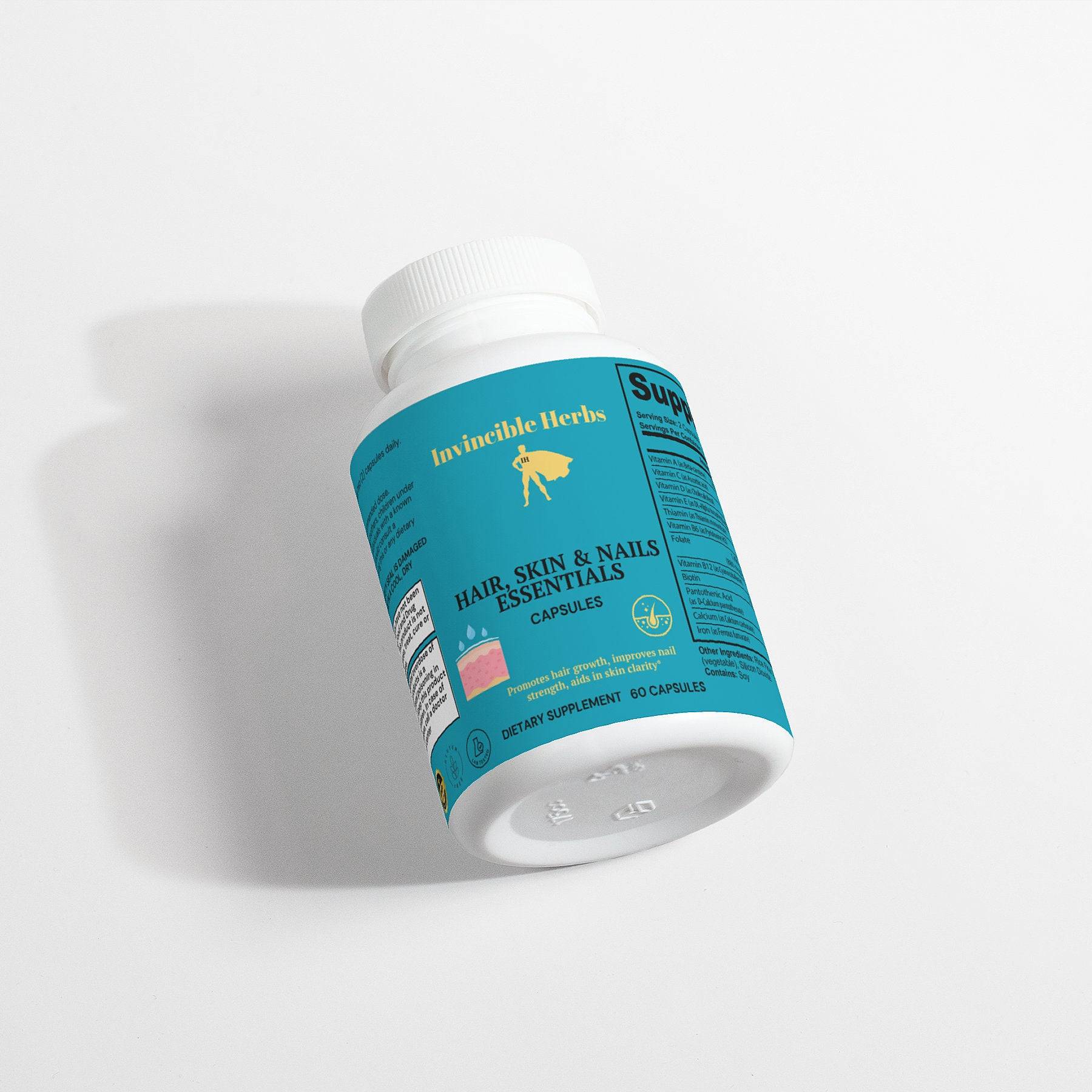 Side view of Hair, Skin, and Nails Essentials supplement bottle by Invincible Herbs, promoting a healthy glow with 60 capsules.