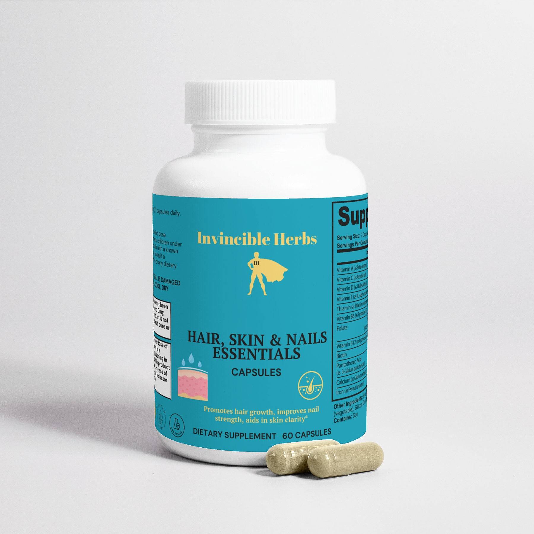 Hair, Skin, and Nails Essentials supplement bottle with capsules displayed, highlighting its benefits for hair, nail, and skin health.