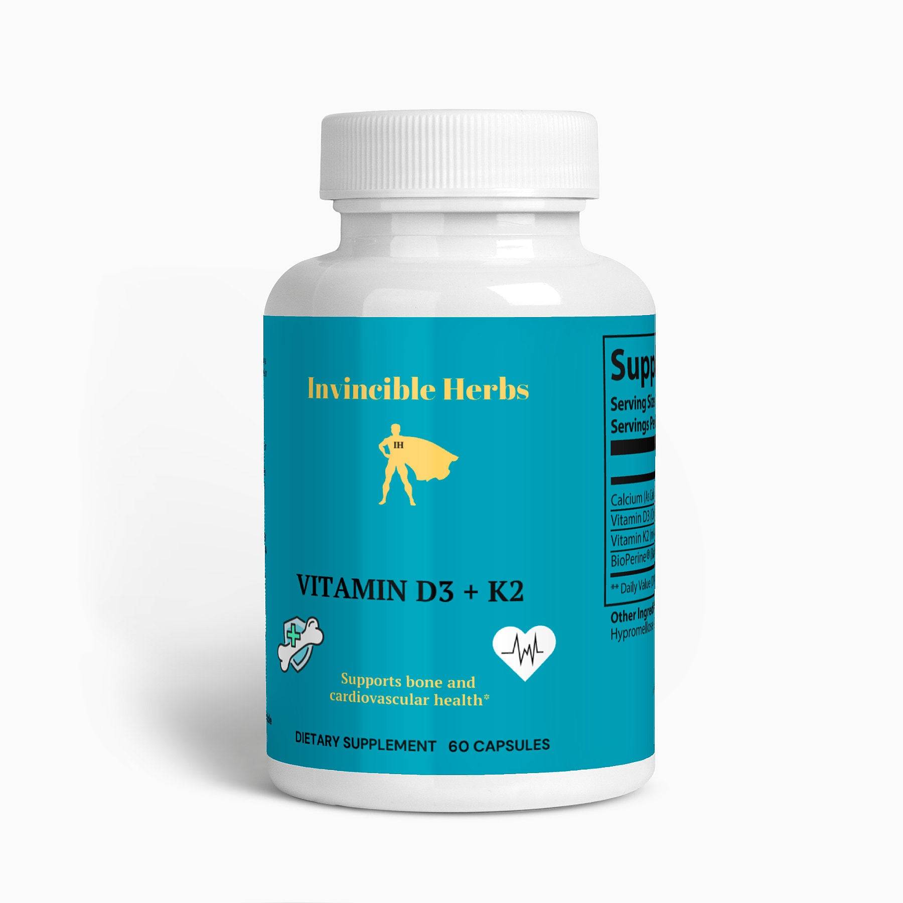 InvincibleD Vitamin D3 and K2 supplement bottle with 60 capsules, designed for bone and cardiovascular health support.