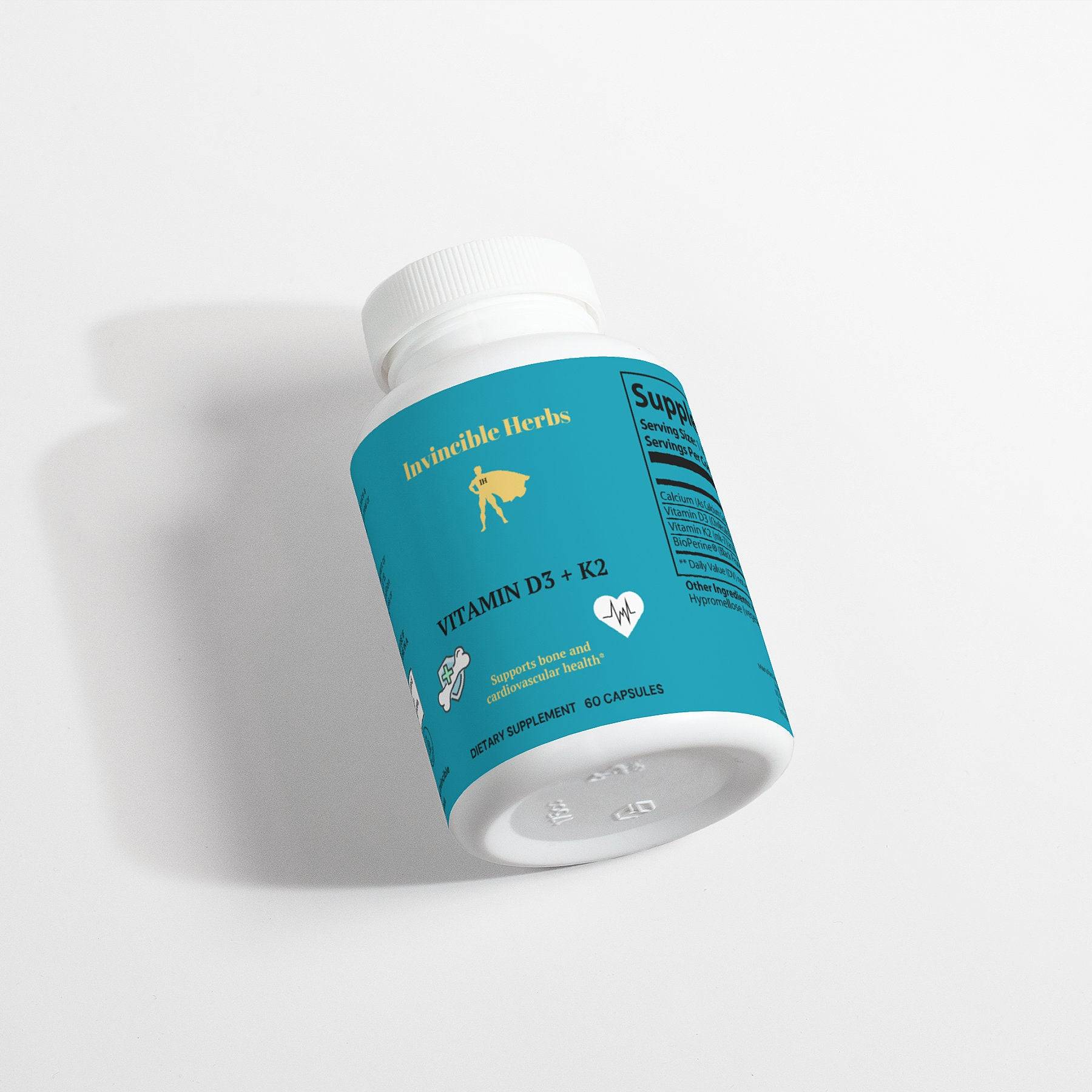 InvincibleD Vitamin D3 and K2 supplement bottle lying on its side, highlighting the label design and health benefits.