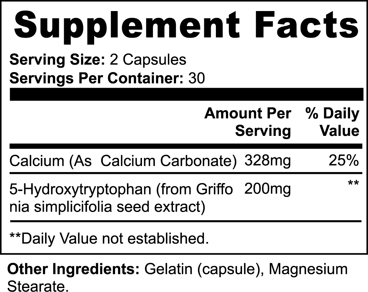 Supplement facts label for 5-HTP Capsules by Invincible Herbs, detailing ingredients like calcium and 5-hydroxytryptophan.