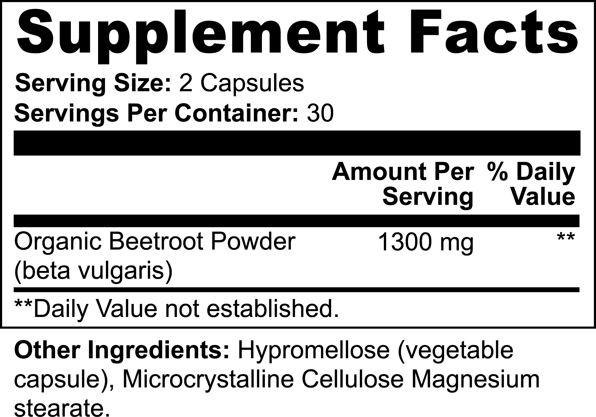 Supplement facts label for Beetroot Capsules, detailing 1300 mg organic beetroot powder per serving and additional ingredients.