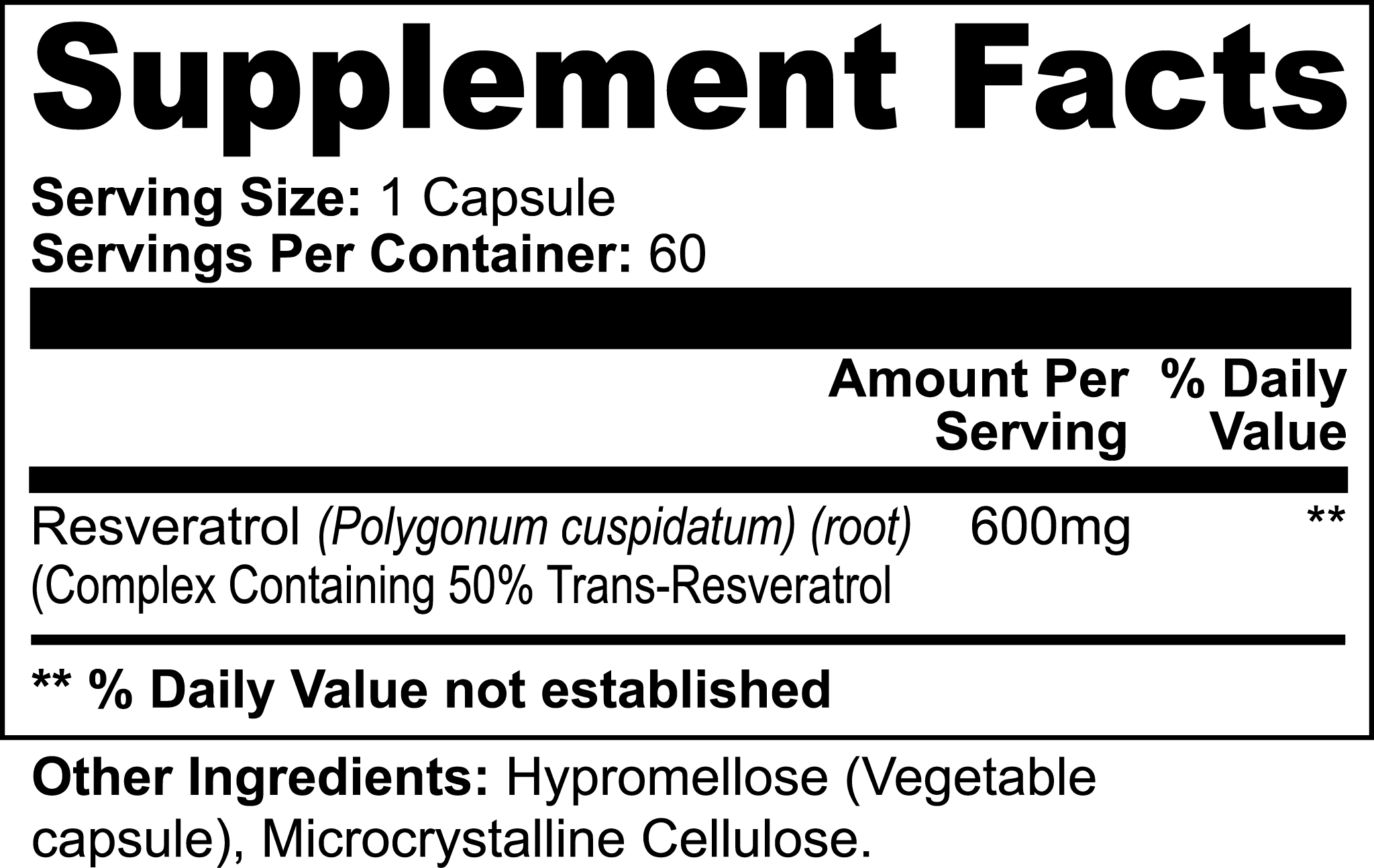 Supplement facts label for Resveratrol Capsules, detailing 600mg of resveratrol per serving with 50% trans-resveratrol content.