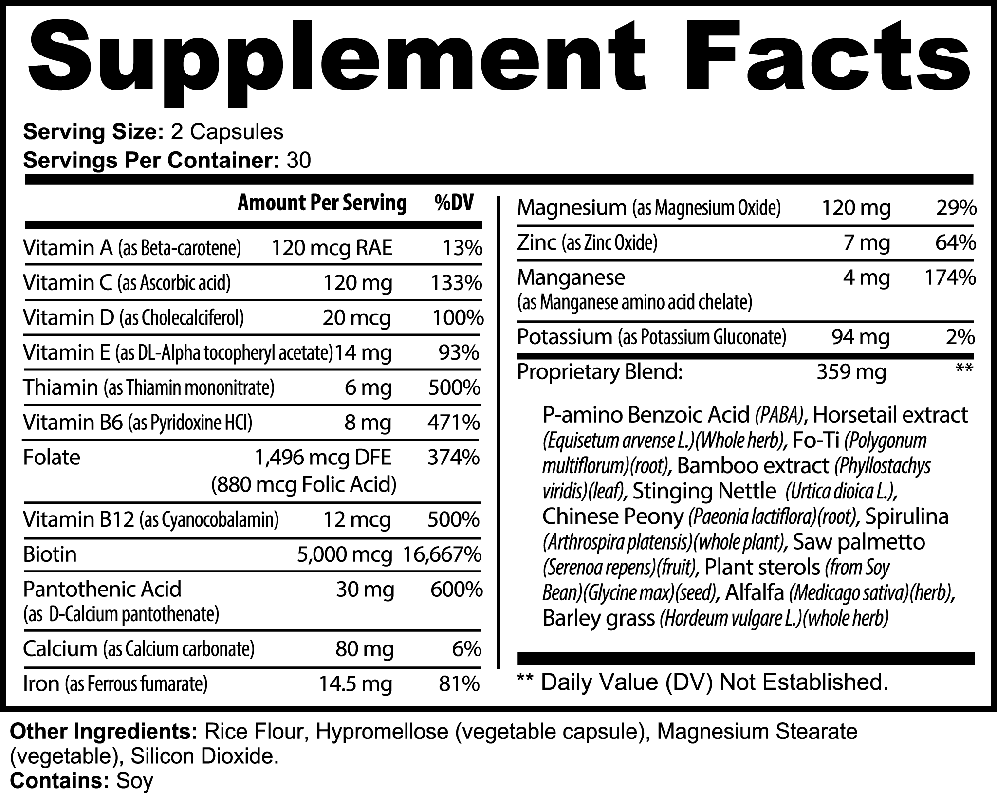 Supplement facts label for Hair, Skin, and Nails Essentials, detailing vitamins, minerals, and proprietary blend for beauty and wellness.