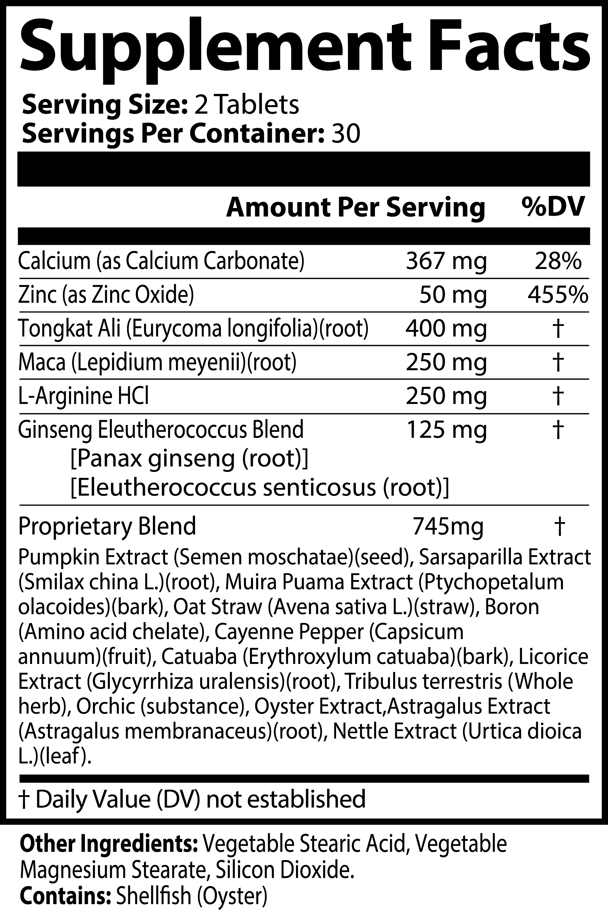Supplement facts label for Men's Vitality Tablets, detailing ingredients like Tongkat Ali, Maca, and Ginseng for natural energy support.