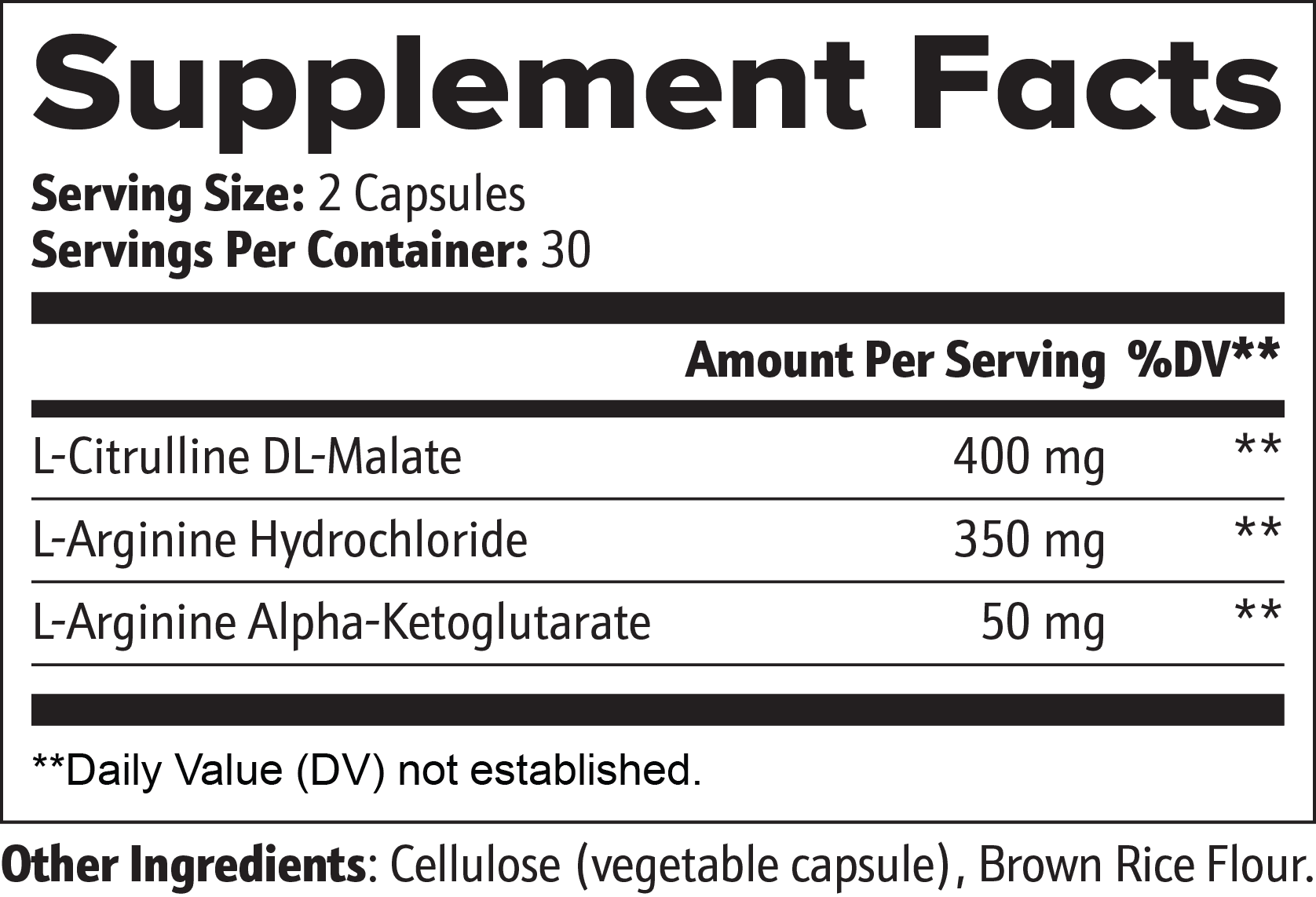 Supplement facts label for Nitric Oxide Capsules, detailing ingredients like L-Citrulline DL-Malate and L-Arginine Hydrochloride.