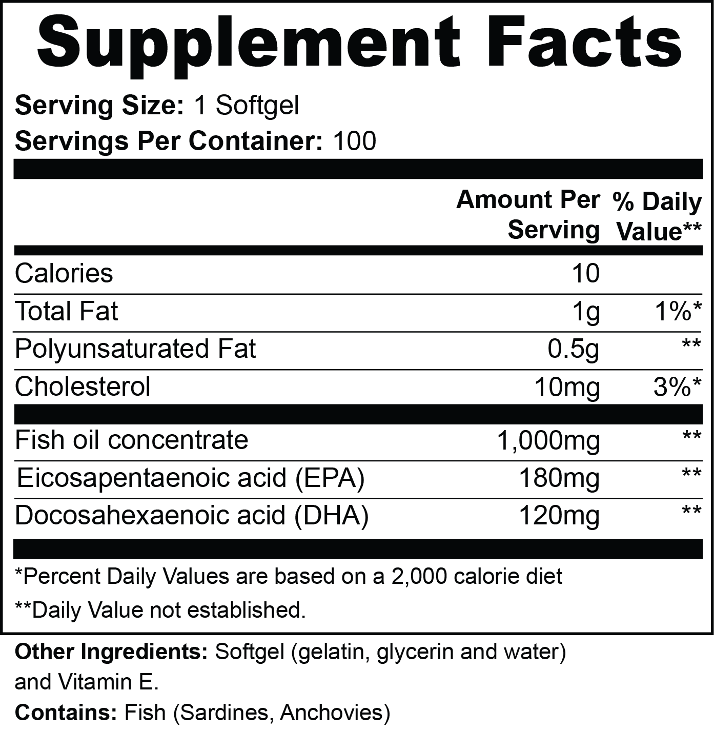 Supplement facts label for Omega-3 EPA + DHA, detailing nutritional information, ingredients, and serving size for informed usage.